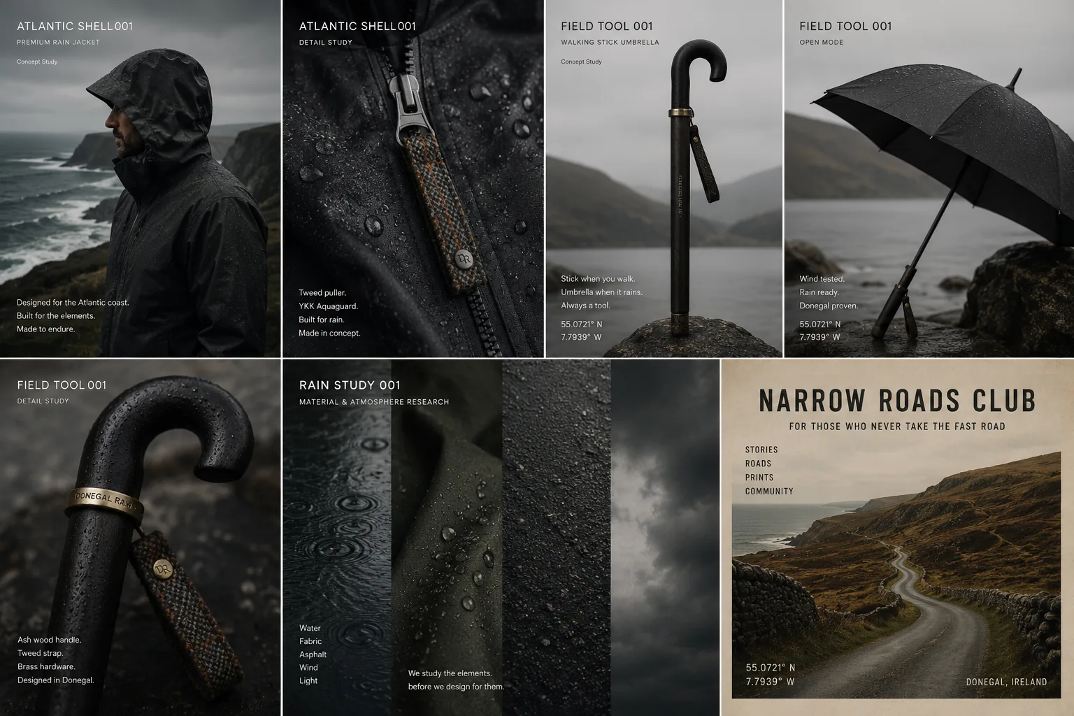 Donegal Rain conceptual product moodboard showing Atlantic Shell, Field Tool 001, Rain Study and Narrow Roads Club